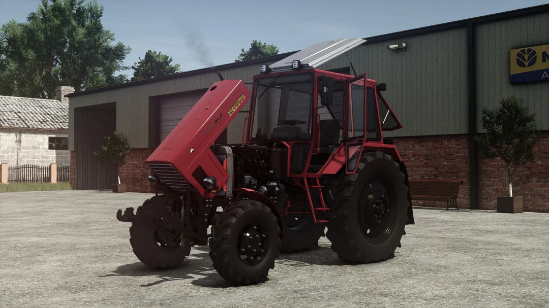 Farming Simulator 25 mod MTZ 80/2 Master Beta v1.0.0.0 tractor with open hood, parked outside a workshop.