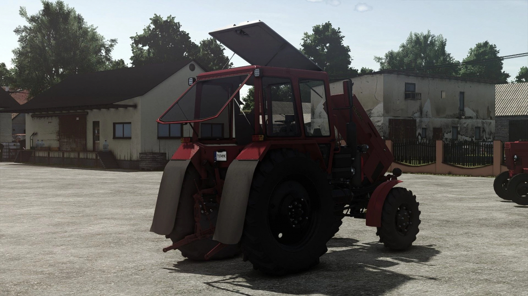 Farming Simulator 25 mod: MTZ 80/2 Master Beta v1.0.0.0 tractor with open hood and rear implements, realistic farm vehicle.