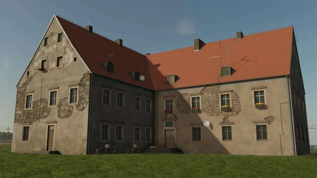 Farming Simulator 25 mod: Manor House in Krajow with weathered walls and red tiled roof, part of the FS25 mods collection.