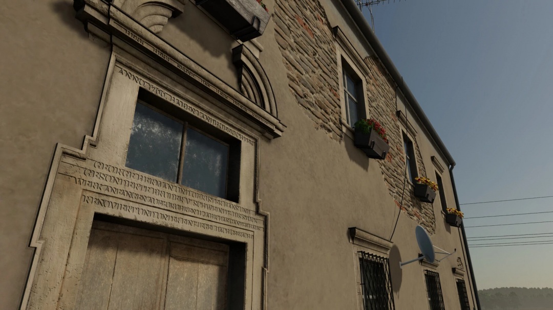 Building from Farming Simulator 25 mods featuring stone and plaster facade with window flower boxes, in-game environment.
