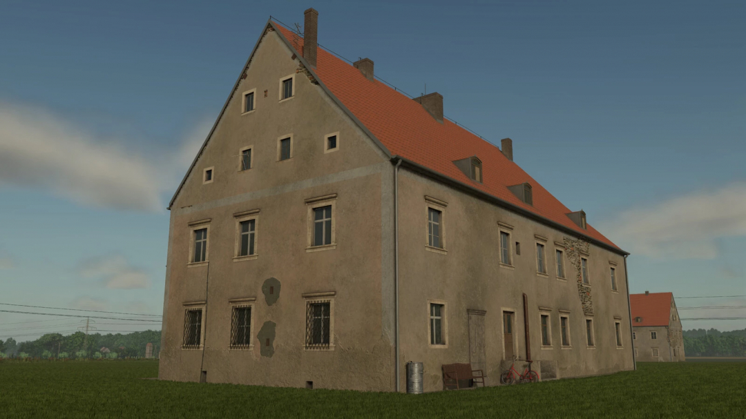 Manor House in Krajow from FS25 mods with a weathered exterior, red roof, benches, bicycle, and grassy surroundings in Farming Simulator 25.