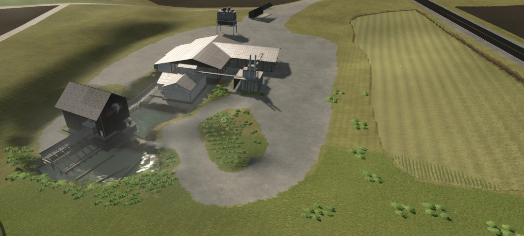Aerial view of a farm in Farming Simulator 25 with multiple buildings, a pond, cultivated fields, and a gravel driveway, showcasing the Mason County map.