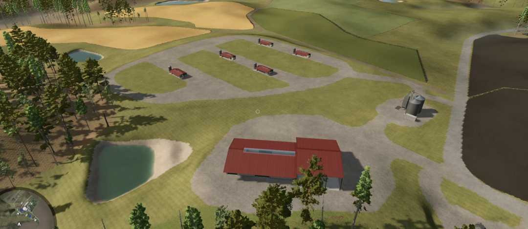 Farming Simulator 25 mod: Mason County, West Virginia Map v1.0.0.0 with farm buildings, silos, ponds, and forested areas.
