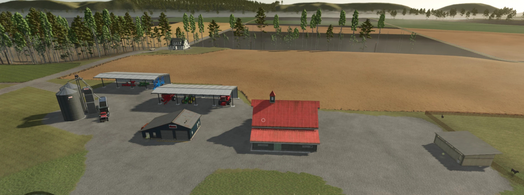 Farming Simulator 25 mods: Mason County, West Virginia Map v1.0.0.0, featuring farm buildings, machinery, and scenic rural landscape.