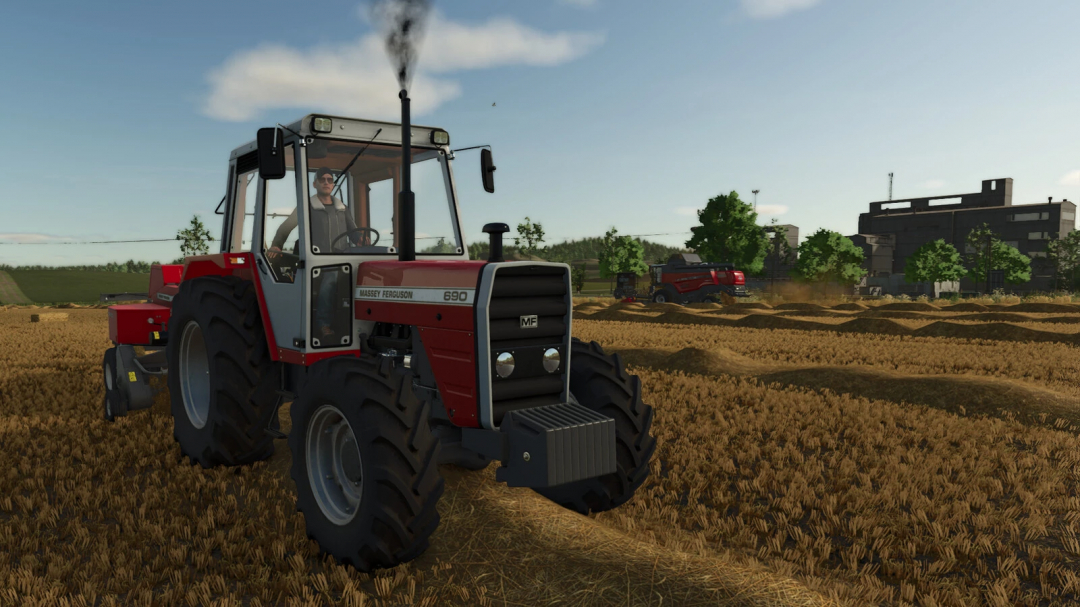 Farming Simulator 25 mod featuring a Massey Ferguson 600 Series tractor in a wheat field, realistic farming environment with farm buildings in the background.