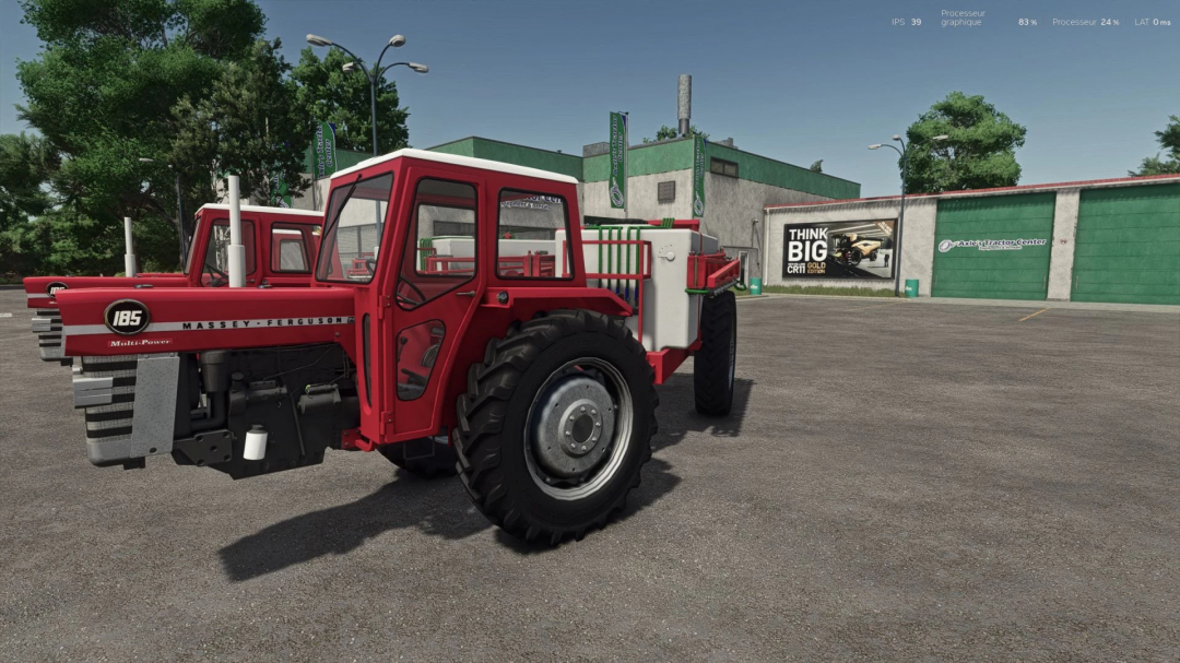 Farming Simulator 25 mod: Massey Ferguson 185 tractor with fertilizer tank, parked in a farmyard.