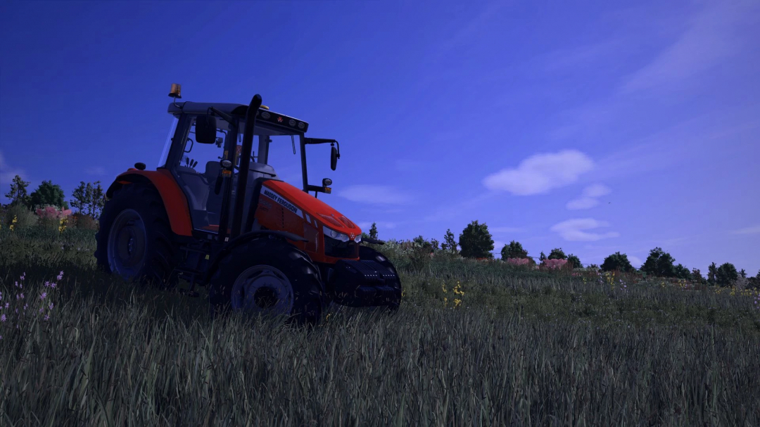 Farming Simulator 25 mod: Massey Ferguson 5400 Series tractor on a grassy field under a clear blue sky.