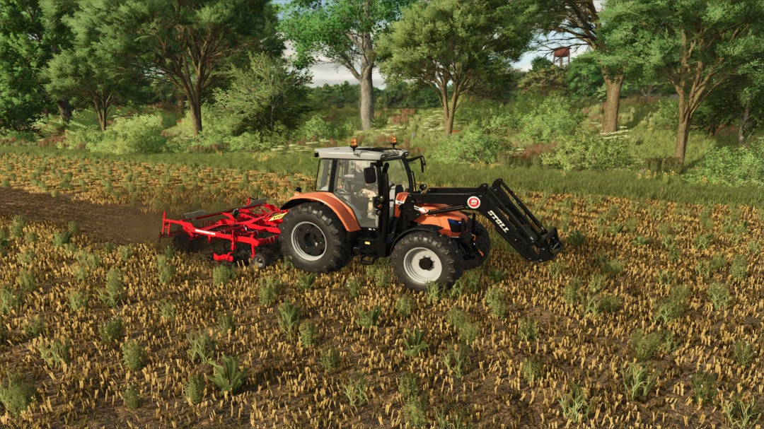 Farming Simulator 25 mod: Massey Ferguson 5600 tractor working on a crop field with a red cultivator attached.