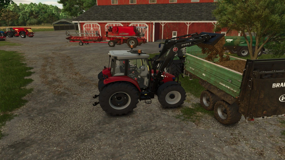 Farming Simulator 25 mod featuring a Massey Ferguson 5600 tractor with front loader on a farm yard.
