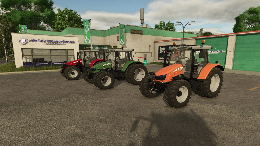 Three Massey Ferguson 5600 tractors parked in front of Axle's Tractor Center in Farming Simulator 25 mod.