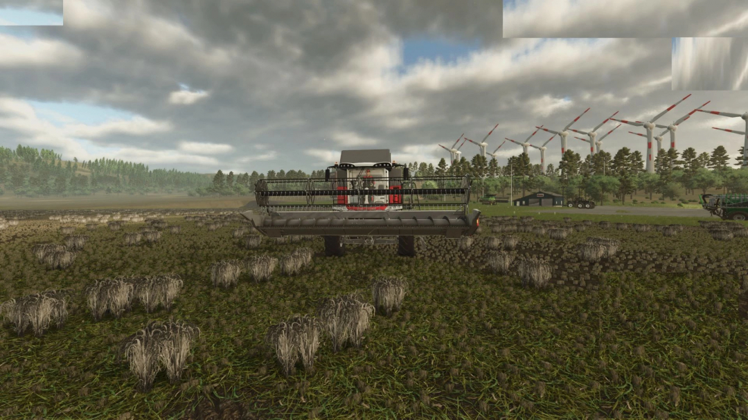 Farming Simulator 25 mod featuring the Massey Ferguson 7360 rice harvester in a field with wind turbines in the background.