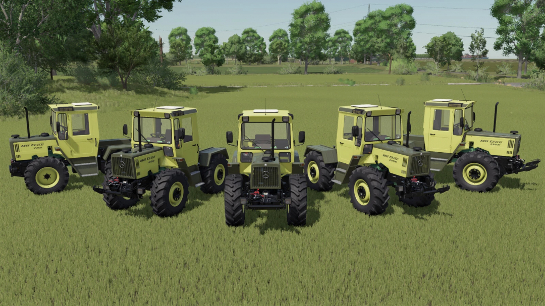 Four Mercedes-Benz MB-trac Series tractors in a grassy field, from Farming Simulator 25 mods, showcasing the FS25 mods feature.