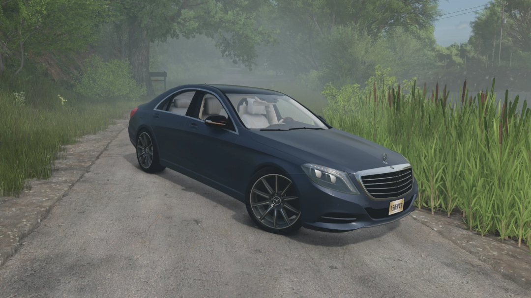 Luxury blue Mercedes S Class mod from Farming Simulator 25 on a rural dirt road.