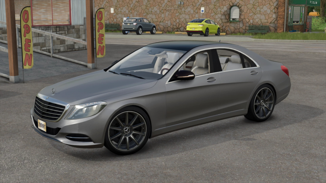 Mercedes S Class from FS25 mods in Farming Simulator 25, detailed car in parking lot with open sign and other vehicles in the background.