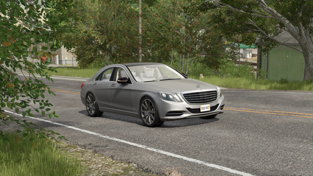 Mercedes S Class in Farming Simulator 25, a detailed mod featuring a luxury sedan on a rural road with trees and greenery.