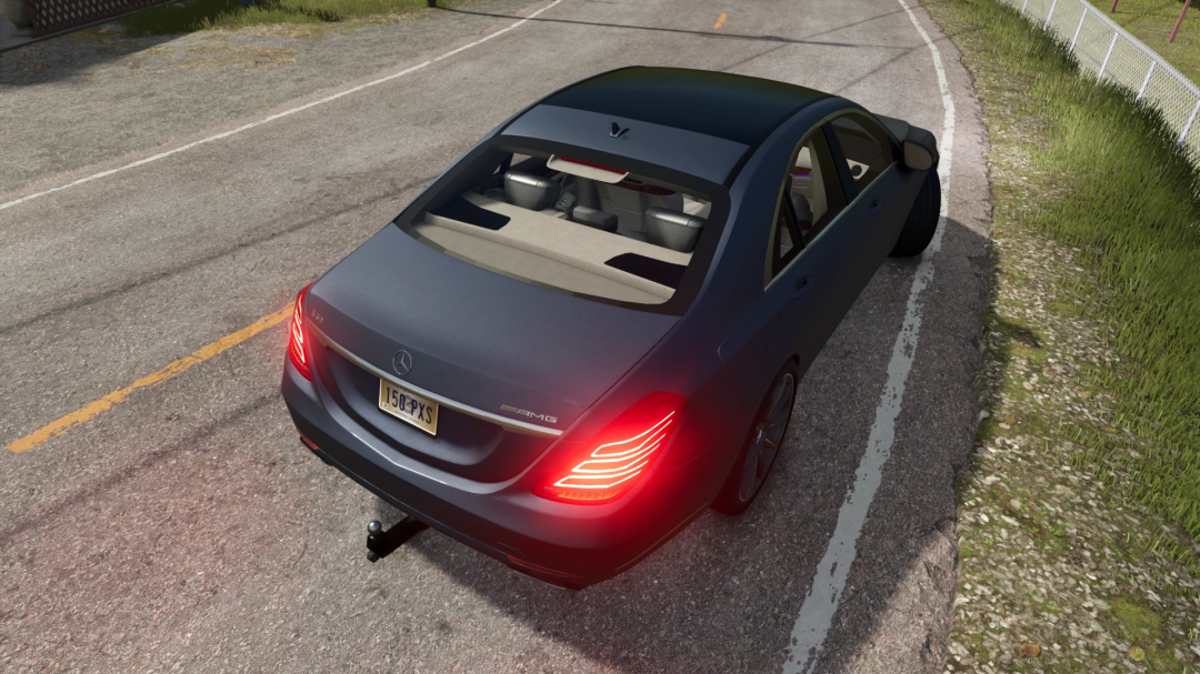 Mercedes S Class mod from Farming Simulator 25, realistic car in-game, parked on the roadside, detailed vehicle with AMG badge, suitable for FS25 mods.