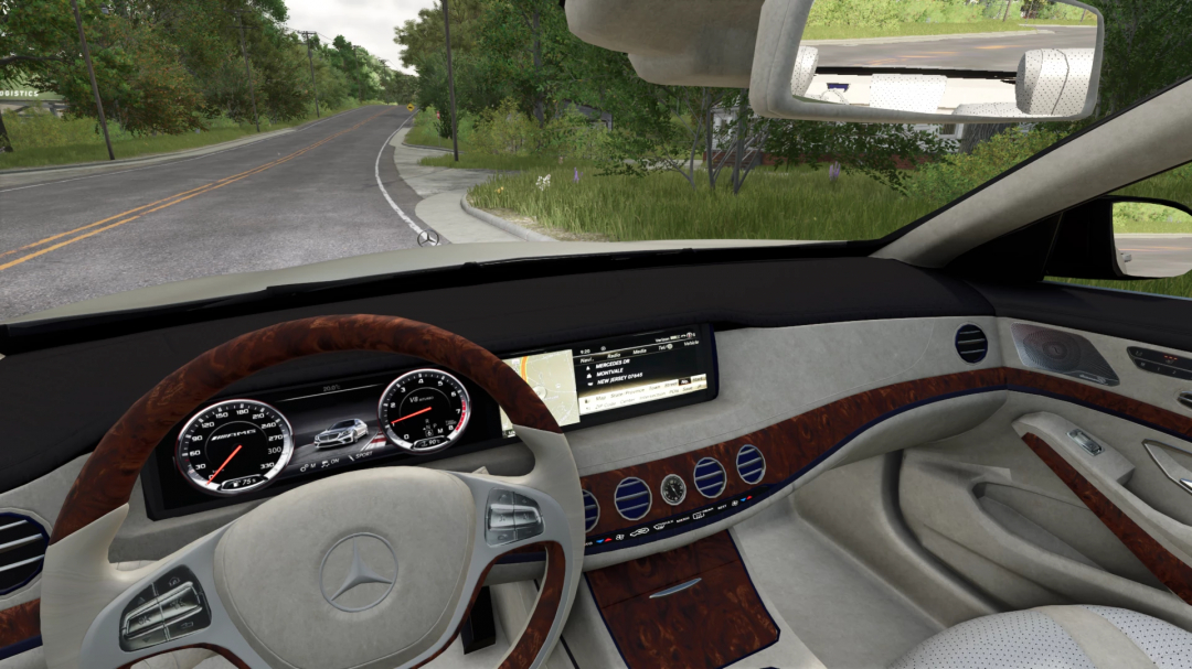 Interior of a Mercedes S Class mod in Farming Simulator 25, showing the dashboard and steering wheel with in-game road view.