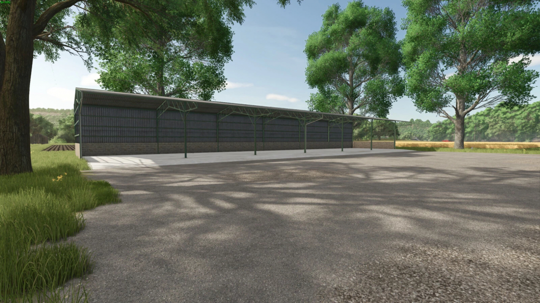 Farming Simulator 25 mod: Metal shed 45m v1.0.0.0, large metal storage shed in a rural setting with trees and open space.