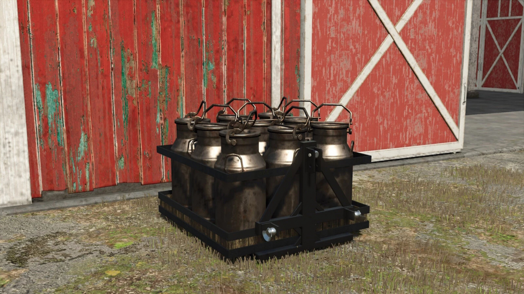 Farming Simulator 25 mod: Milk/Water Transport on 3 Point Support Platform v1.0.0.0, showing milk cans on a black support platform outside red barn.