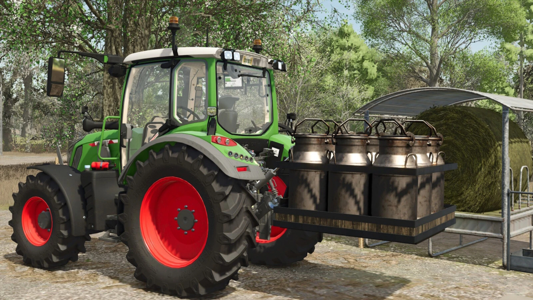 Farming Simulator 25 mod: Green tractor with milk/water transport on 3 point support platform near hay bales and trees.