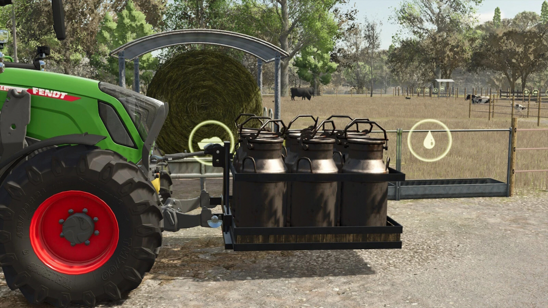 Farming Simulator 25 mod: Green tractor with a water/milk tank on a 3-point support platform near a hay bale and farm field.