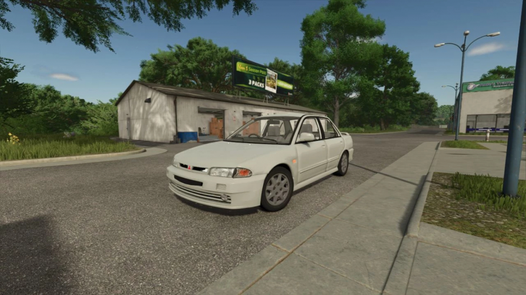 Farming Simulator 25 mod: Mitsubishi Lancer 1995 vehicle parked on a city street, part of FS25 mods collection.