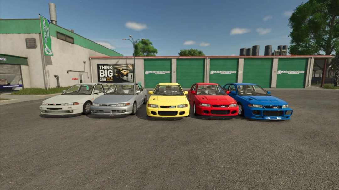 Farming Simulator 25 mods: lineup of colorful Mitsubishi Lancer 1995 cars in Farming Simulator 25 with mods.