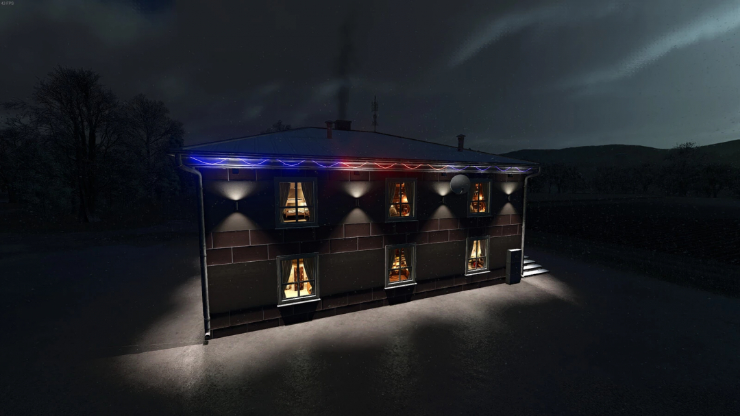 Night view of a modern Polish house mod in Farming Simulator 25 with illuminated windows and exterior lighting.