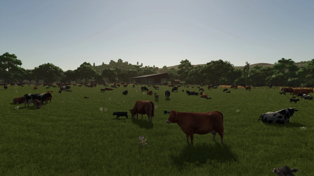 Farming Simulator 25 mod showcasing more visual animals in a lush farm field, ideal for FS25 mods enthusiasts.