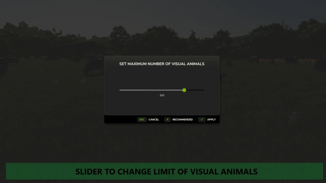 Farming Simulator 25 mod screen showing a slider to set the maximum number of visual animals, part of the More Visual Animals mod.