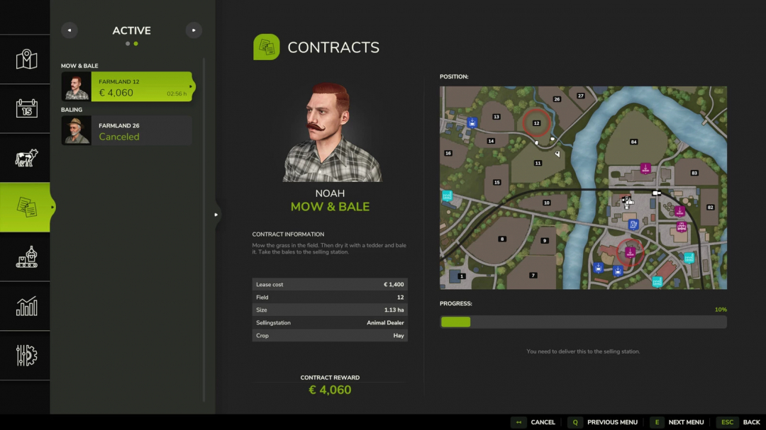Farming Simulator 25 mod interface showing the Mow & Bale contract details, map location, and progress for FS25 Mow Bale Contracts v1.0.0.3.