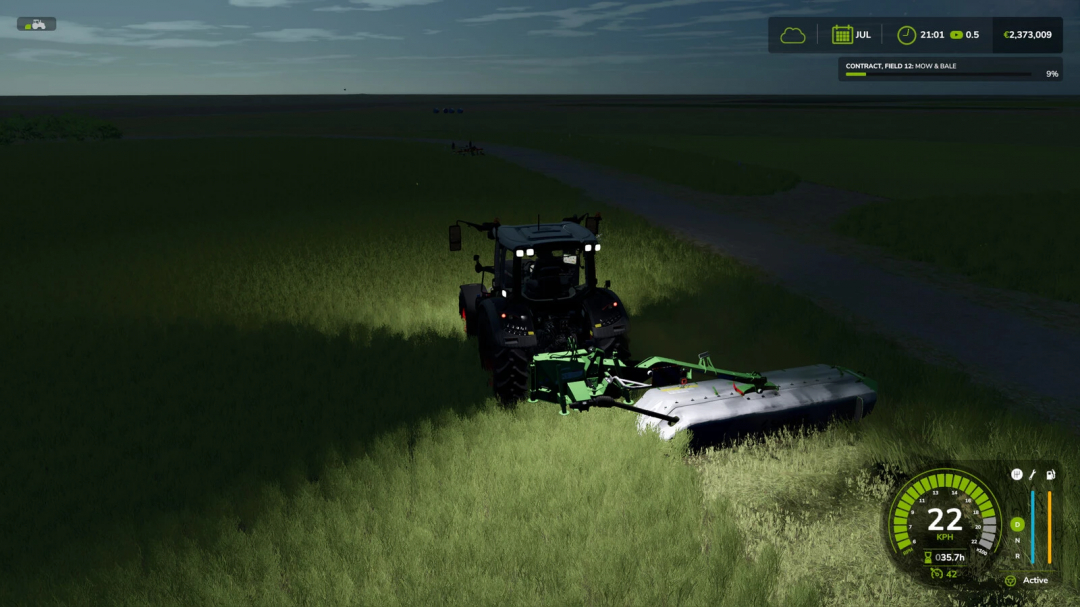 Farming Simulator 25 mod screenshot showing a tractor mowing grass on field 12 with Mow Bale Contracts v1.0.0.3, nighttime, in-game HUD displayed.