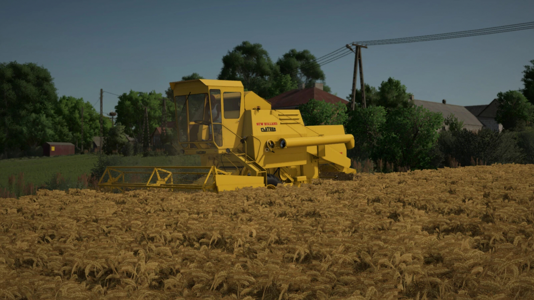 Farming Simulator 25 mods: Yellow New Holland M135 self-propelled mower cutting wheat in a field during daytime.