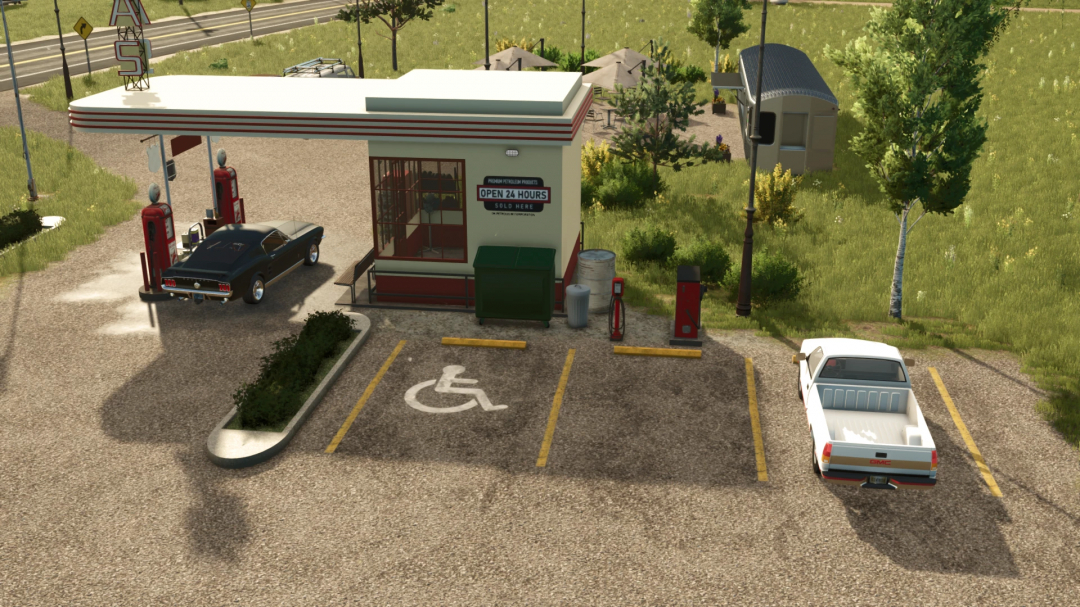 Farming Simulator 25 mod: Old Gas Station (Conversion) with vintage cars and fuel pumps, located in a parking lot near trees and signage.