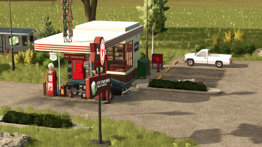 Farming Simulator 25 mod: Old Gas Station (Conversion) with vintage fuel pumps and retro signage, set in a rural environment.