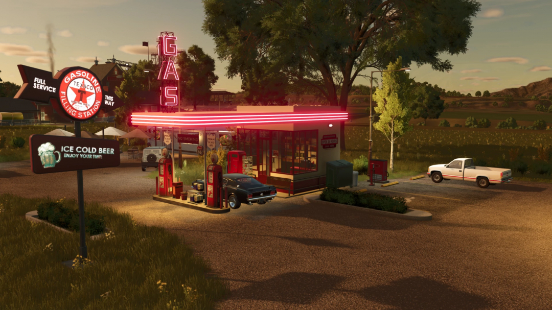 Farming Simulator 25 mod: Old Gas Station designed as a retro gas station with vintage pumps, neon signs, and a classic design.