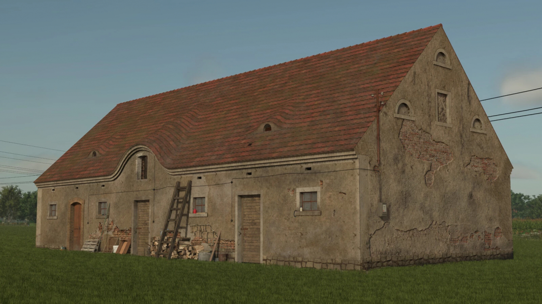 Old German barn mod from Farming Simulator 25, showing a weathered, partially damaged barn with a red tile roof and construction tools outside.