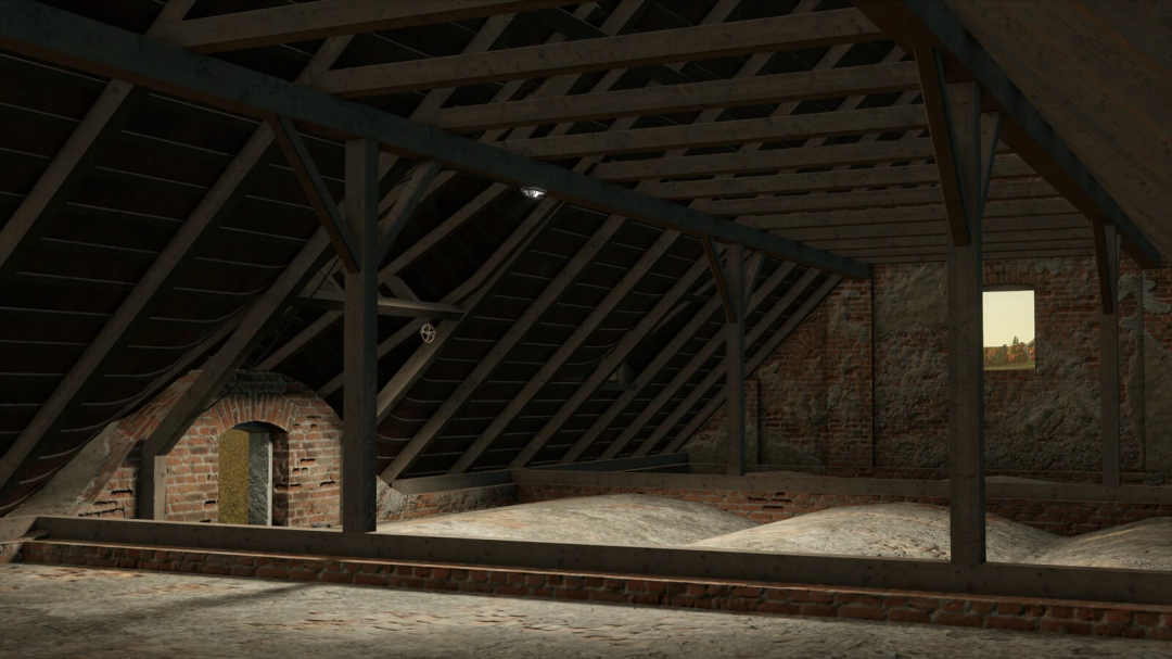 Inside view of the Old German Barn mod in Farming Simulator 25, showcasing the wooden roof structure and brick walls.