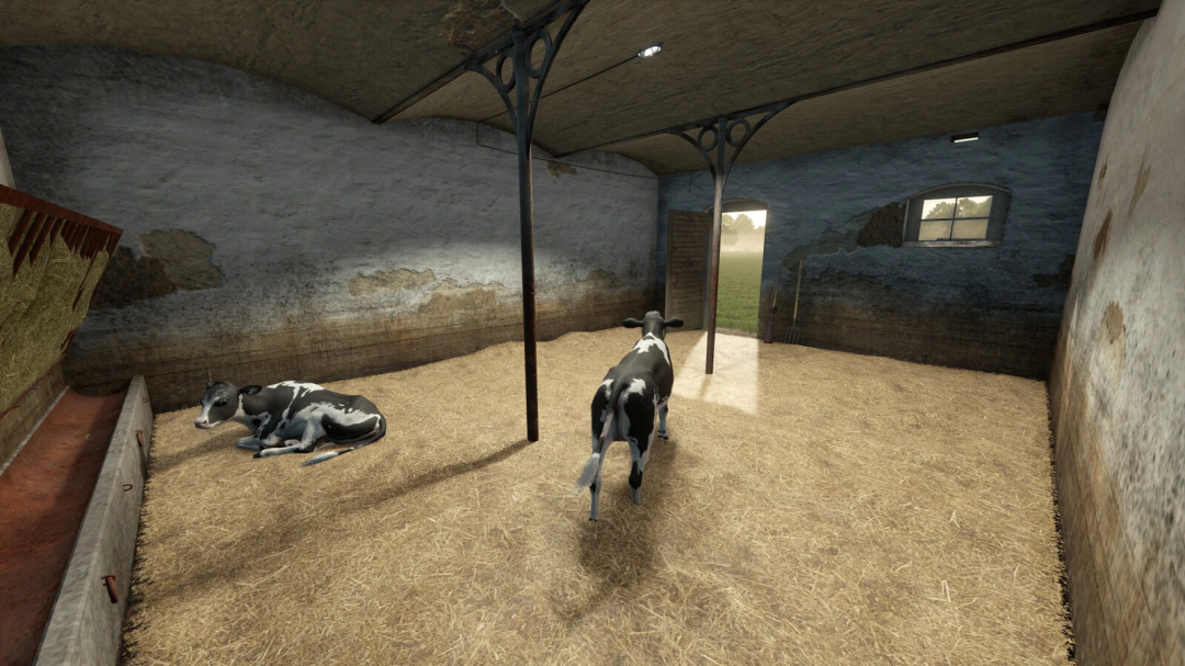 Inside a barn with two calves, straw bedding, and external farm fields visible through the open door; a Farming Simulator 25 mod scene.