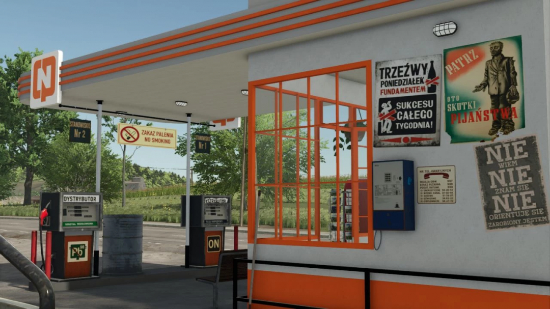 Gas station in Farming Simulator 25 mod with orange and white signage, pay terminals, and posters on the wall.