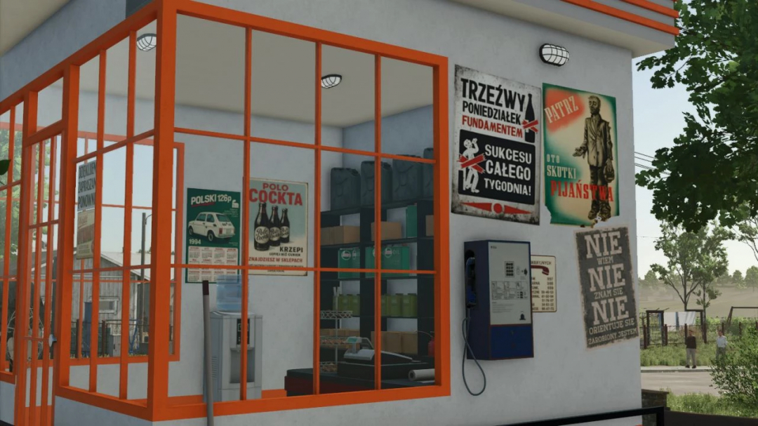 Farming Simulator 25 mod: Old Polish CPN gas station with vintage signs and an outdoor vending area.