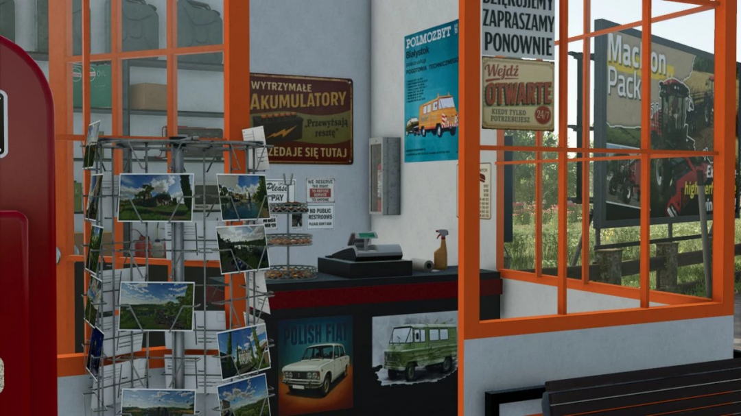Farming Simulator 25 mods: Old Polish CPN Gas Station in the game environment, featuring a register, signs, and outdoor advertisements.