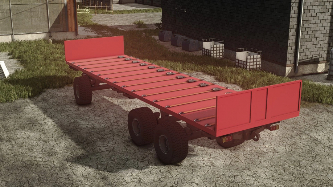 FS25 mod: PTS 12 Platform v1.0.0.0 for Farming Simulator 25, featuring a red platform with guide rails and double axle wheels, parked outdoors.