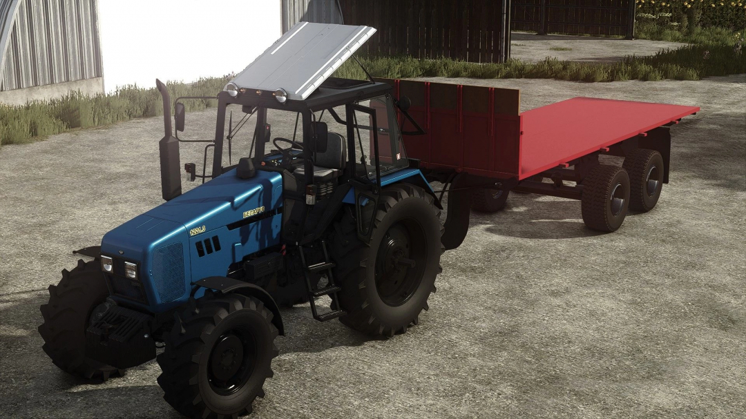 Farming Simulator 25 mod: Blue Belarus tractor with a red flatbed trailer, part of FS25 mods for versatile farm transport.