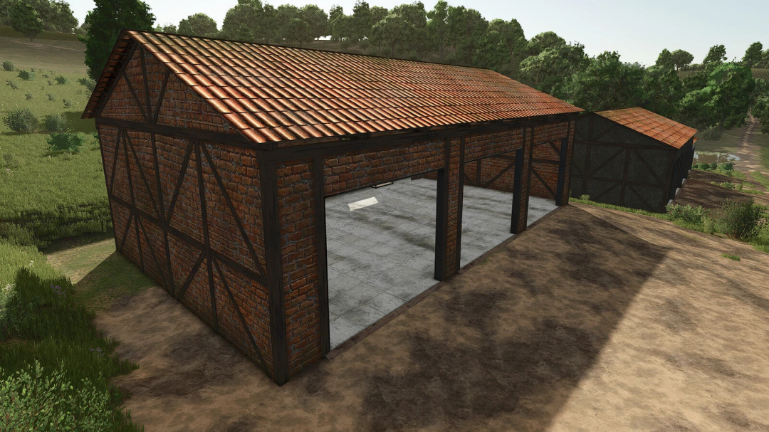 Farming Simulator 25 mod: Pack European Warehouse v1.0.0.0, a brick and wood storage building with tiled roof for FS25 mods.