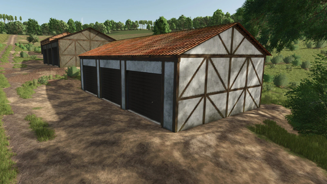 Farming Simulator 25 mod: Pack European Warehouse v1.0.0.0, showing a large rustic warehouse with ginger tiles and closed black shutters on a farm.