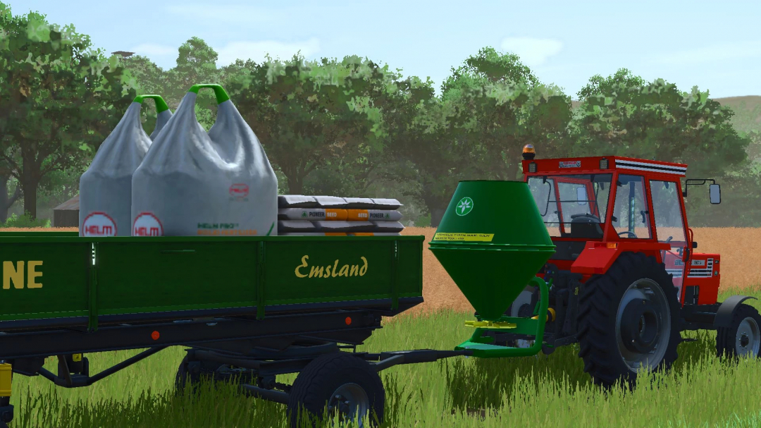 Farming Simulator 25 mod showing a red tractor pulling a green fertilizer spreader with bags and seeds in a field, part of FS25 mods.
