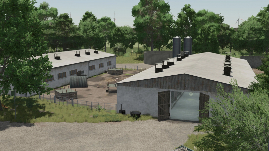 Farming Simulator 25 mod showcasing the Pig Farm Building Package v1.0.0.0 with pig pens and farm structures.