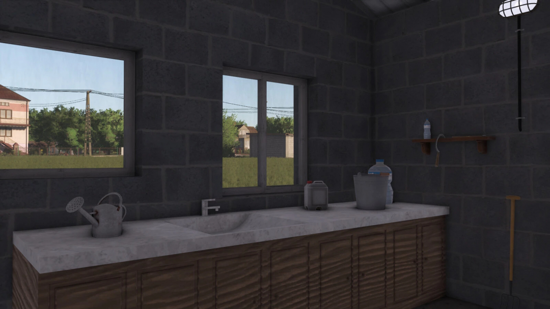 Interior of a rustic kitchen in Farming Simulator 25 with a double sink, water bottles, and a wall shelf, part of the Polish Cowshed mod.