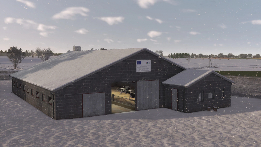 Snow-covered Polish cowshed mod from Farming Simulator 25, featuring cows and a barn with Euro Union and local signs, ideal for FS25 mods.